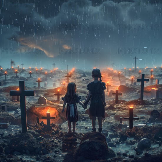 Two children stand in an illuminated cemetery under a rainy sky, war, war graves, military