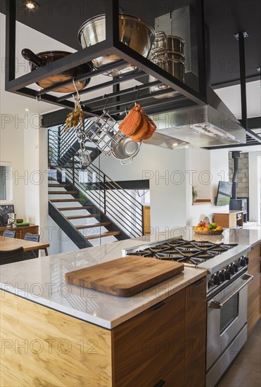 American walnut wood island with quartzite countertop and built-in gas stove in the kitchen inside