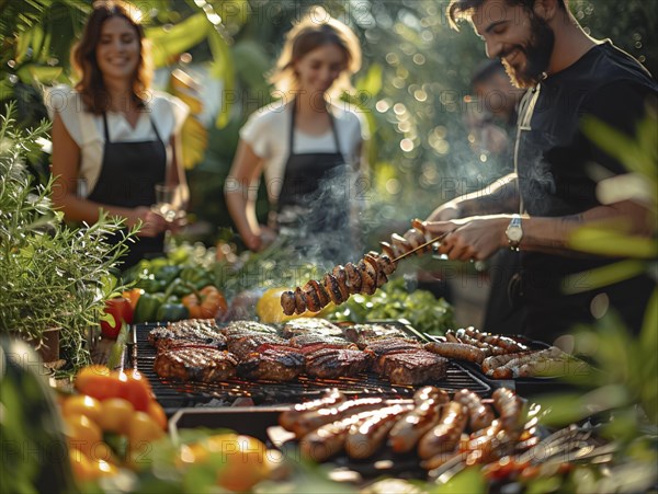 Barbecue party, guests with glasses in their hands stand around a chef who is grilling sausages and