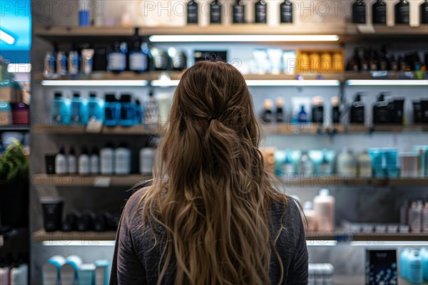 Young woman standing in front of shelves with cosmetic and makeup products in store. KI generiert,