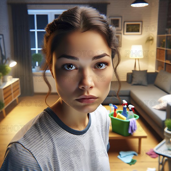 Digital illustration of a young woman with cleaning utensils in a room at night, No desire to tidy