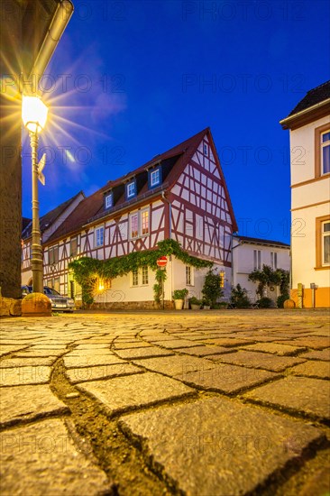 View of an old town, half-timbered houses and streets in a town. Seligenstadt am Main, Hesse