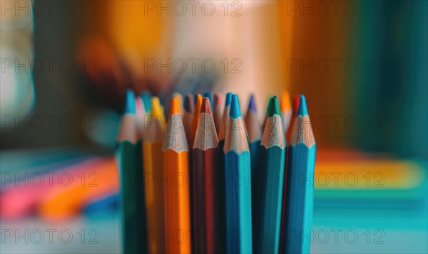 Close-up of a bunch of colored pencils, abstract background with colored pencils macro view AI