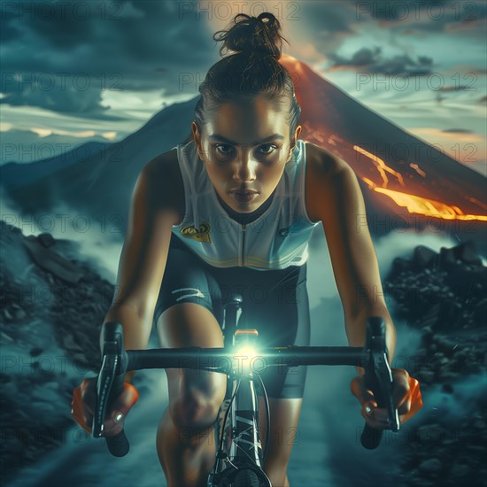 Cyclist in front of the backdrop of an active volcano, the twilight intensifies the dramatic scene,