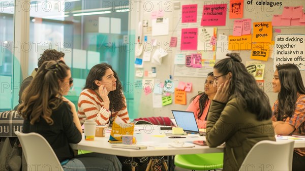 Relaxed office meeting with a team planning and collaborating surrounded by post-it notes, AI
