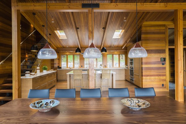 Industrial style copper with frosted glass pendant lighting fixtures over wooden dining table with