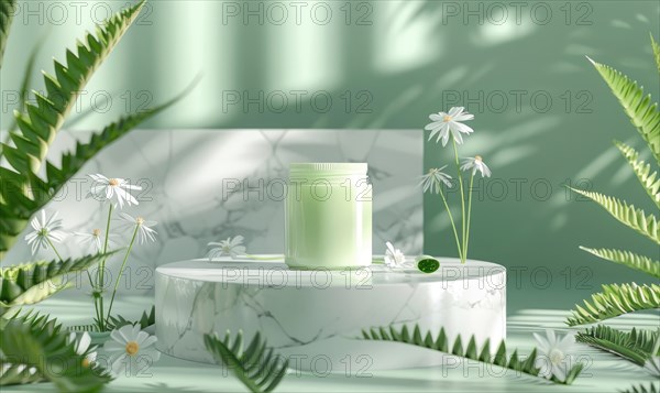 Aloe vera gel product promotion featuring a blank jar mockup showcased on a marble produce podium