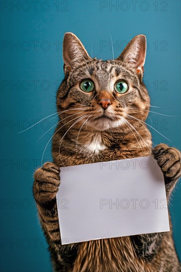 Tabby cat holding empty white sign in front of blue studio background. KI generiert, generiert, AI