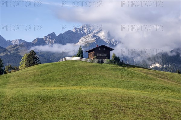 Hill with wooden house, Eckbauer, Werdenfelser Land, Garmisch-Partenkirchen, Upper Bavaria,