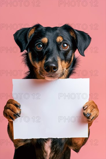 Dog holding empty white sign in front of pink studio background. KI generiert, generiert, AI