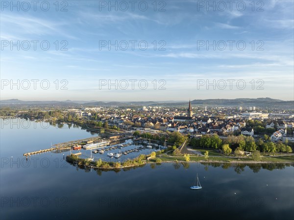 Aerial view of the town of Radolfzell on Lake Constance in spring-like vegetation with the