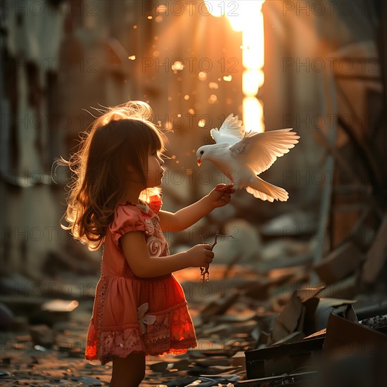 A little girl in ruins watches a pigeon land in a ray of the setting sun, destroyed houses, war,