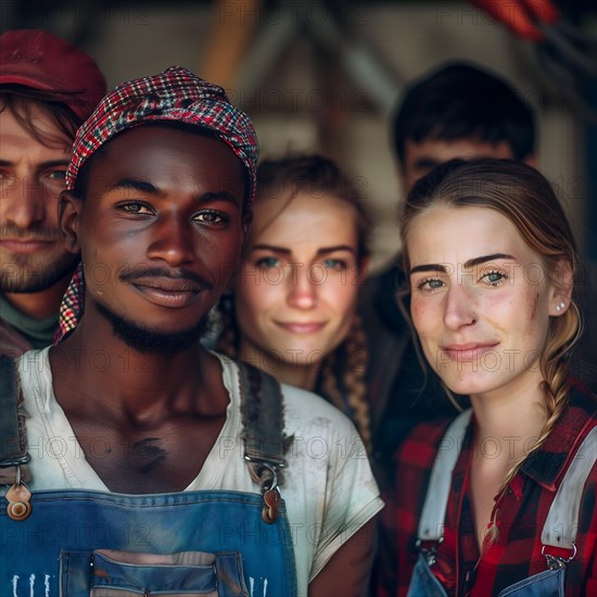 A diverse group of friends in work clothes posing together and smiling, group picture with people
