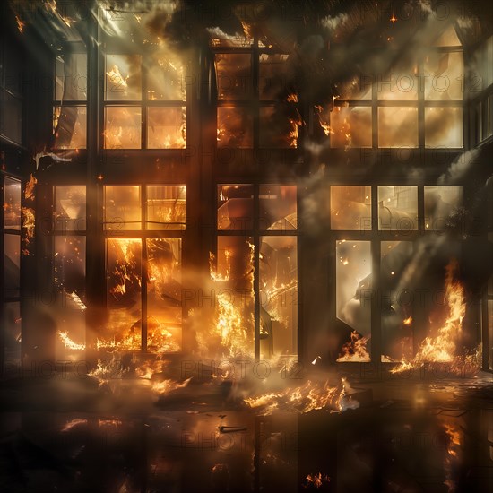 A building is in flames at night, visible through numerous glass windows, indicating complete