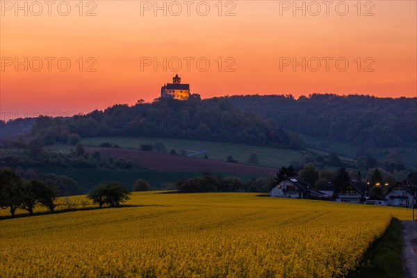 Landscape at sunrise. Beautiful morning landscape with fresh yellow rape fields in spring. Small
