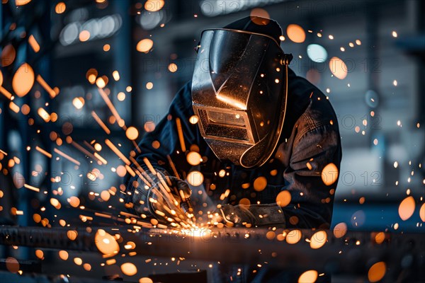 Factory worker in protecvtive helpet cutting material with laser. KI generiert, generiert, AI