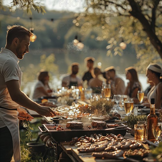 Barbecue party, guests with glasses in their hands stand around a chef who is grilling sausages and