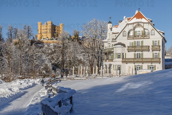 Hohenschwangau Castle and Hotel Alpenrose am Alpsee, Schwangau, Ostallgaeu, Swabia, Bavaria,
