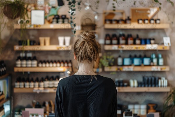 Young woman standing in front of shelves with cosmetic and makeup products in store. KI generiert,