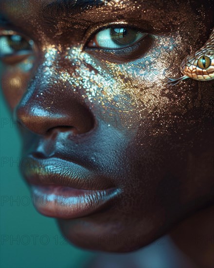 Mystic portrait of a dark-skinned non binary individual with golden glitter and snake, exuding
