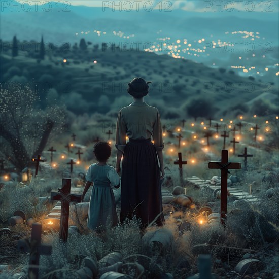 A mother and child looking at a cemetery at dusk with many lights, war, war graves, military