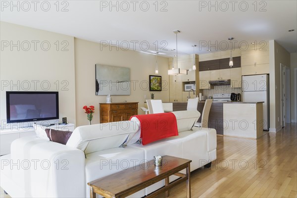 White leather sofa in living room and view of dining room area and kitchen inside a renovated