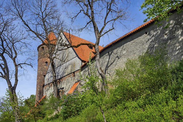 Brick tower of St Blasius Church and town wall, Kaufbeuern, Allgaeu, Swabia, Bavaria, Germany,