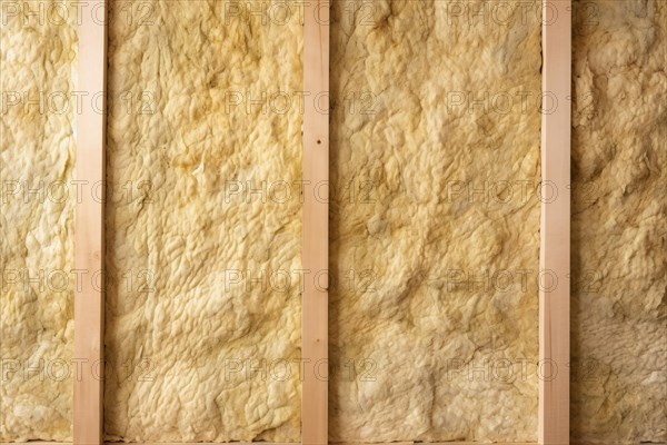 Close up of wall with mineral wool isolation between wooden beams. KI generiert, generiert, AI