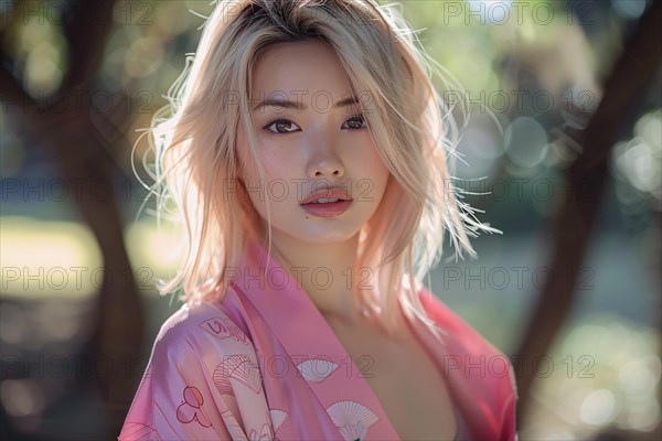 Beautiful young woman with pink kimono with blurry trees in background. KI generiert, generiert, AI