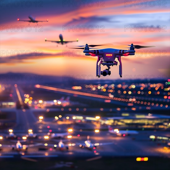 A drone overlooks an illuminated runway and an aeroplane during the blue hour, drone, attack, AI
