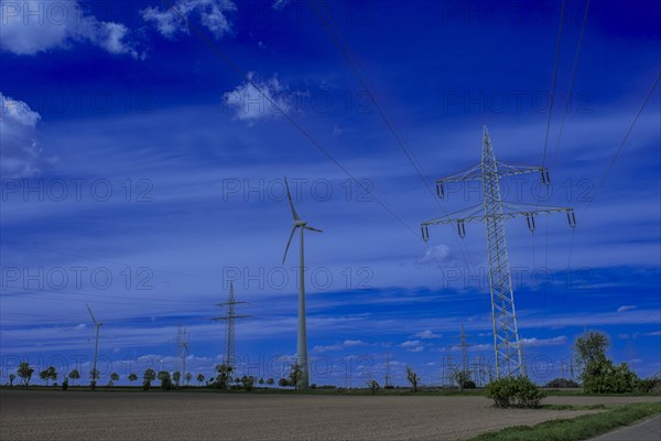 Power pylons with high-voltage lines on the K63 road with trees at the Avacon substation Helmstedt,