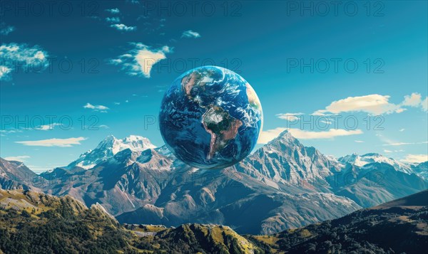An Earth globe set against a mountain backdrop with a clear blue sky AI generated