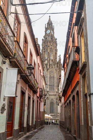 Beautiful street next to the Church of San Juan Bautista, Arucas Cathedral, Gran Canaria, Spain,