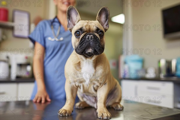 French Bulldog dog at vet. Sitting on examination table at veterinary practice clinic. KI