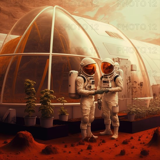 Hydroponic greenhouses installed on mars. Future vision of human colonization on other planets.