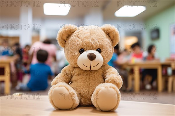 Teddy bear with blurry room with children iin children day care center, kindergarten or