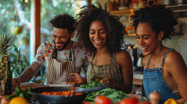 Group of friends with African descent laughing and cooking together in a colorful kitchen, AI
