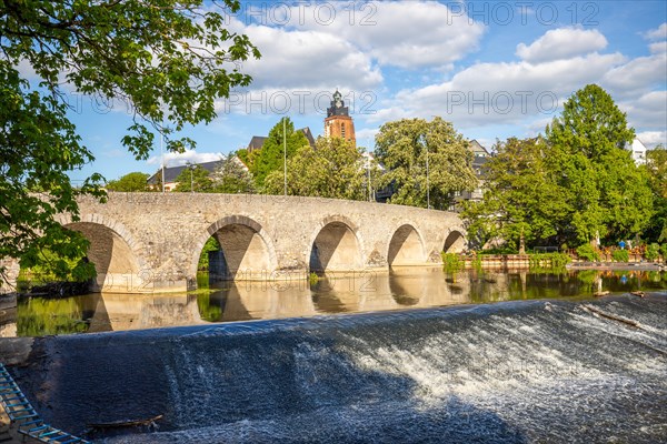 View of an old town, half-timbered houses in a town. Streets and bridges at the river Lahn in the