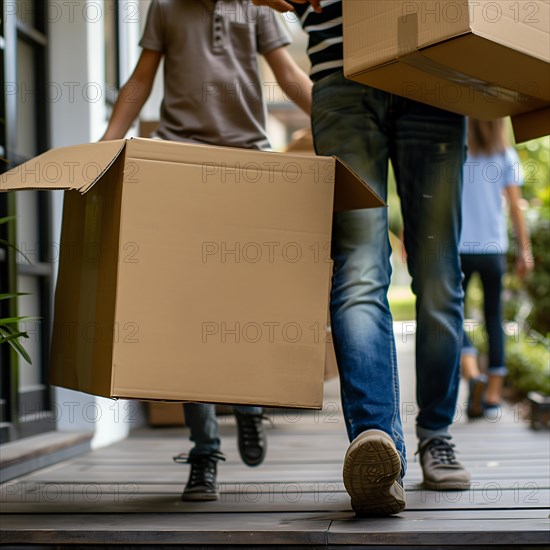 A family carries apartment relocation boxes together, apartment relocation, apartment relocation,
