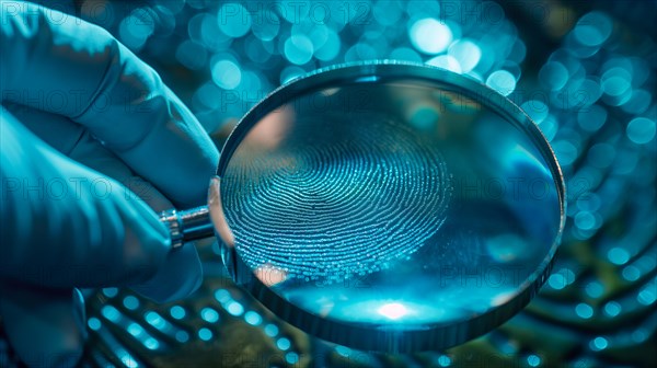 Crime scene with investigator wearing surgical glove viewing A fingerprint through the glass of a