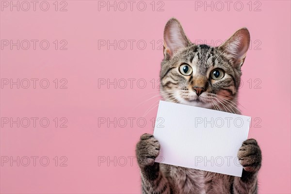 Tabby cat holding empty white sign in front of studio background. KI generiert, generiert, AI