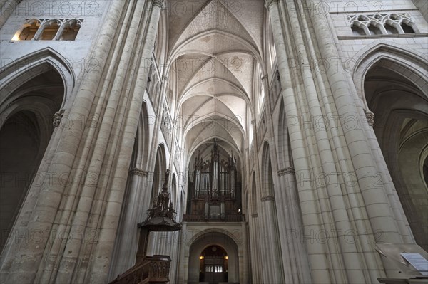 Nave from the 13th century, with pulpit and organ loft from the 19th century, Notre Dame de