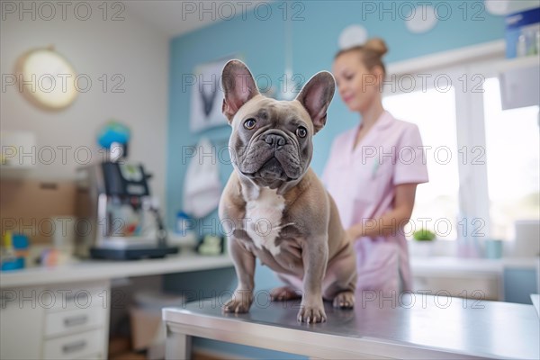 Bulldog dog at vet. Sitting on examination table at veterinary practice clinic. KI generiert,