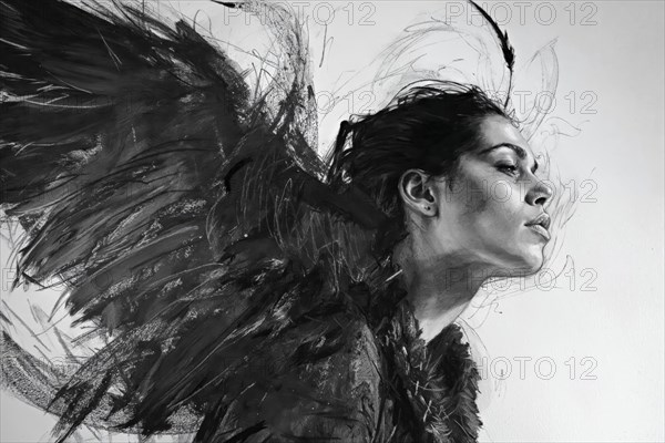 Side profile of a woman with hinted wings in a dynamic black and white sketch, raven woman, cover