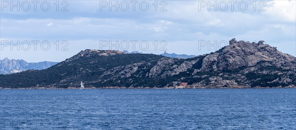 Sailing ship, Bear Rock of Palau, landmark for sailors, panoramic view, near Palau, Sardinia,
