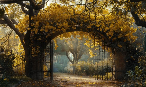 Laburnum tree branches forming an archway over a garden gate AI generated