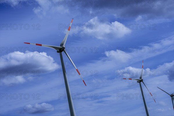 Wind turbines at the Avacon substation Helmstedt, Helmstedt, Lower Saxony, Germany, Europe