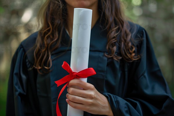 Degree paper certificate roll with red ribbon held by young woman in graduation robe. KI generiert,