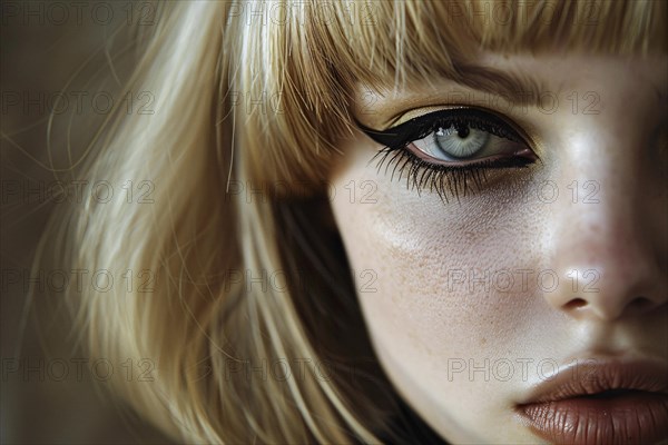 Portrait of young attractive woman with blond hair with bob hairstyle with bangs and and black eye
