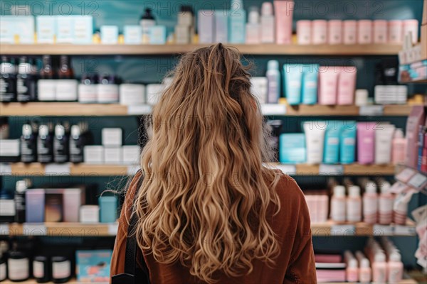 Young woman standing in front of shelves with cosmetic and makeup products in store. KI generiert,
